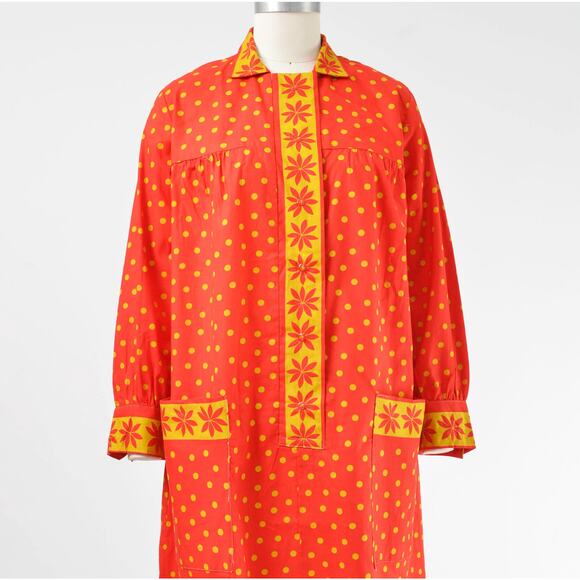 Vintage 60s Red Polka Dot Mod Collared Shift Long Sleeve Casual Smock Dress M L - Picture 3 of 8